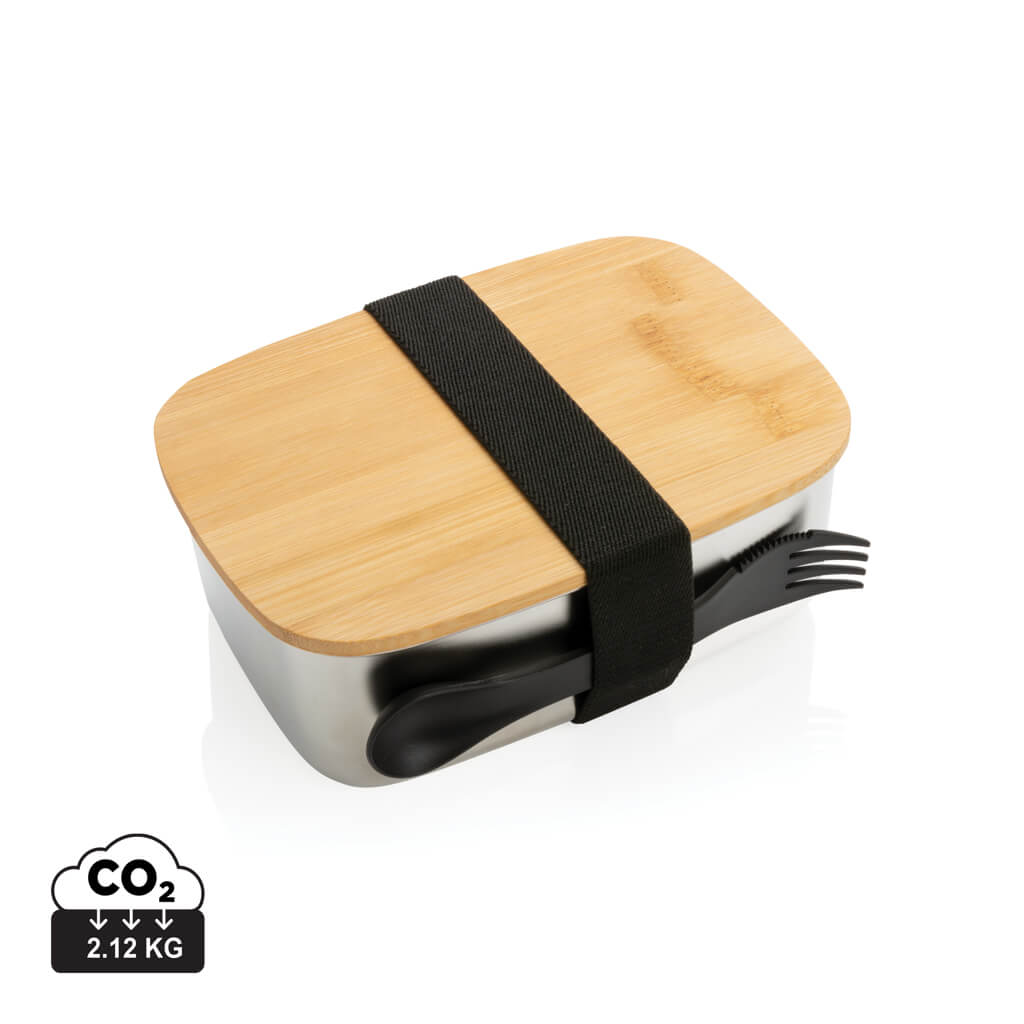 Stainless steel lunchbox with bamboo lid and spork