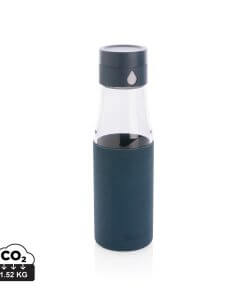 Ukiyo glass hydration tracking bottle with sleeve